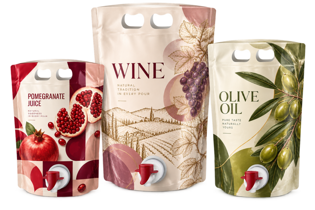 Premium juice, wine and olive oil stand-up pouches