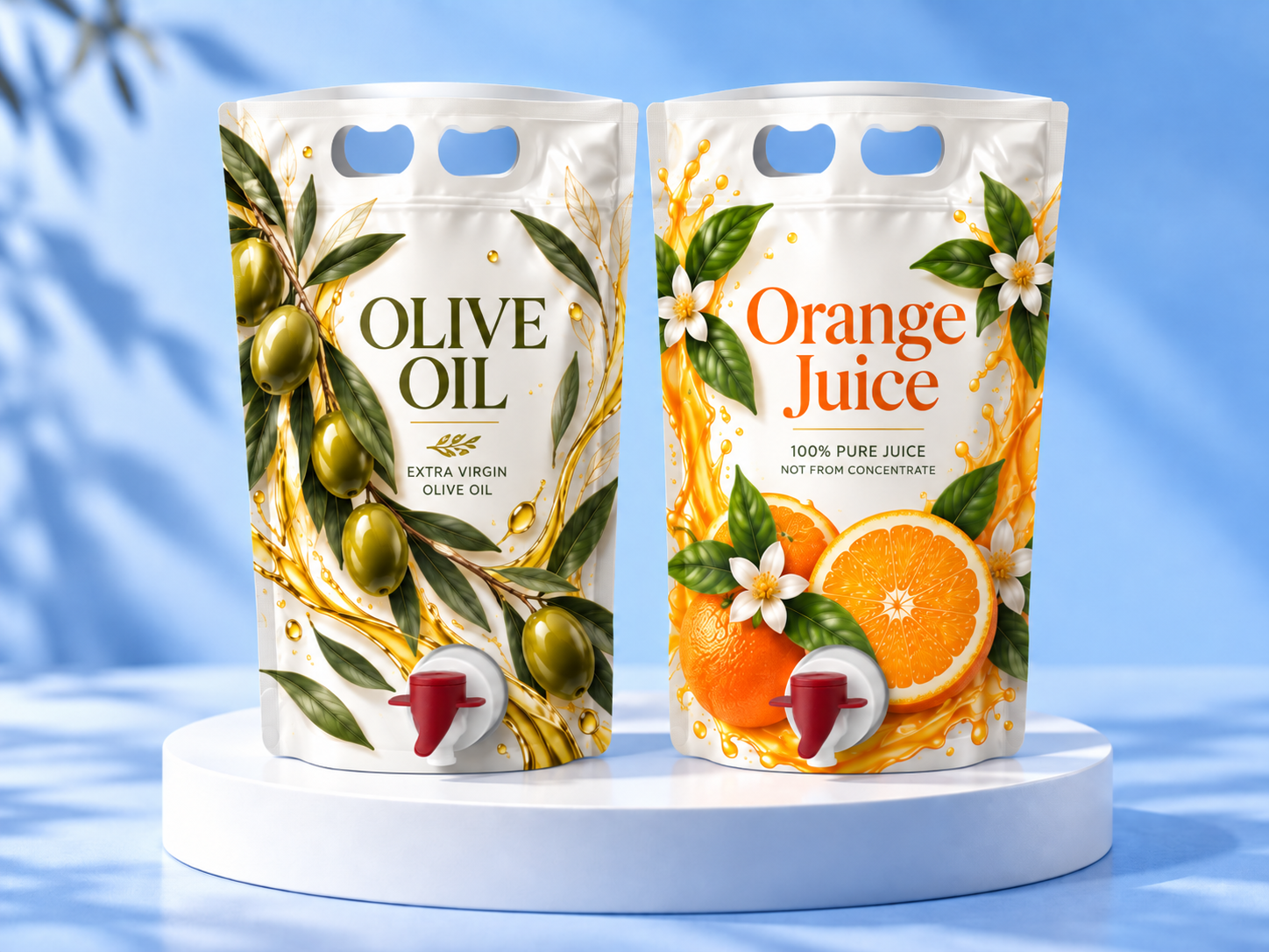 Custom printed olive oil and orange juice stand-up pouches